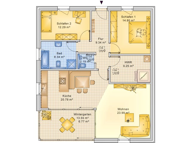Fertighaus Planungsbeispiel 108H10 von Bio-Solar-Haus Schlüsselfertig ab 314627€, Bungalow Grundriss 1