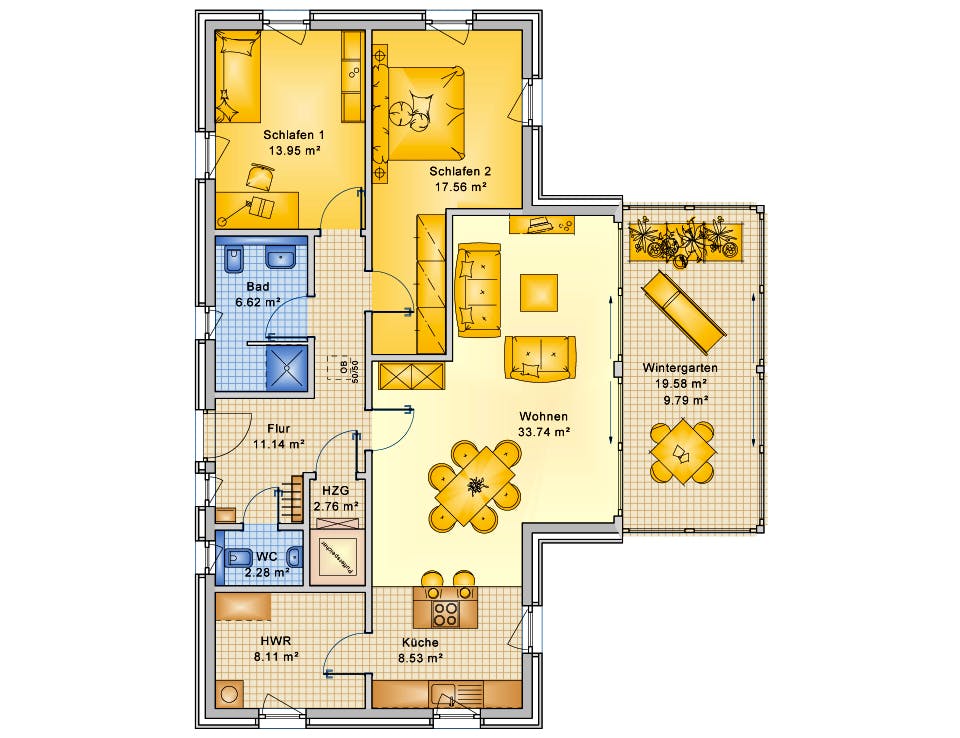 Fertighaus Planungsbeispiel 114H10 von Bio-Solar-Haus Schlüsselfertig ab 354660€, Bungalow Grundriss 1