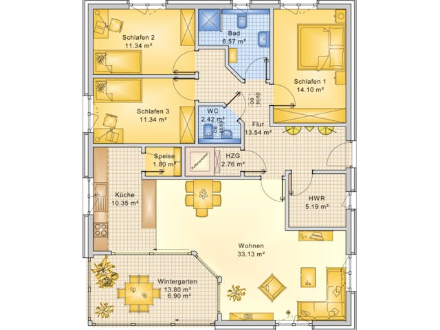 Fertighaus Planungsbeispiel 119H10 von Bio-Solar-Haus Schlüsselfertig ab 345577€, Bungalow Grundriss 1