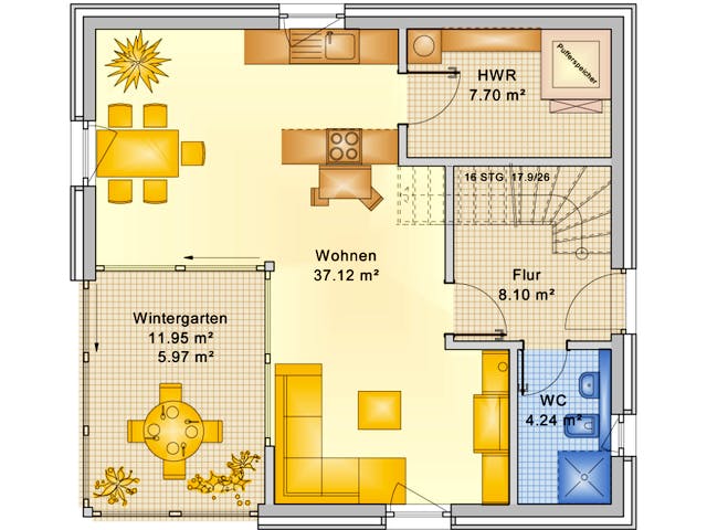 Fertighaus Planungsbeispiel 120H20 von Bio-Solar-Haus Schlüsselfertig ab 344388€, Satteldach-Klassiker Grundriss 1