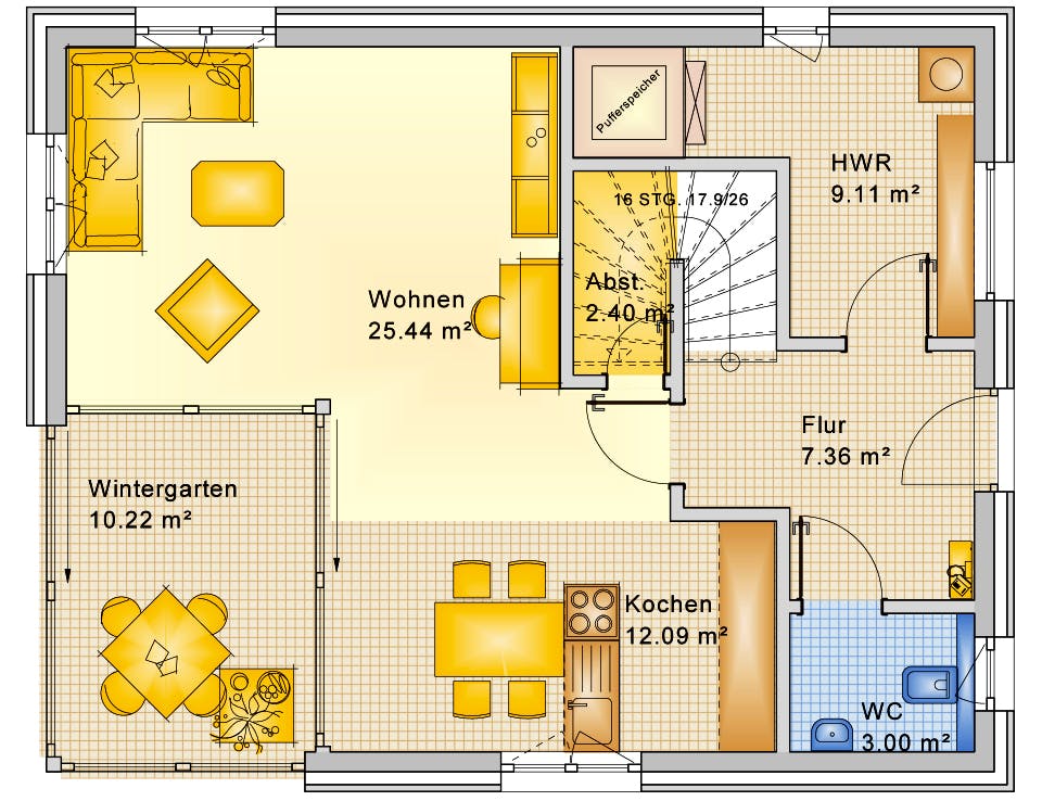 Fertighaus Planungsbeispiel 128H20 von Bio-Solar-Haus Schlüsselfertig ab 371094€, Satteldach-Klassiker Grundriss 1