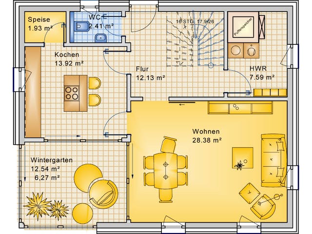 Fertighaus Planungsbeispiel 139H20 von Bio-Solar-Haus Schlüsselfertig ab 401226€, Pultdachhaus Grundriss 1