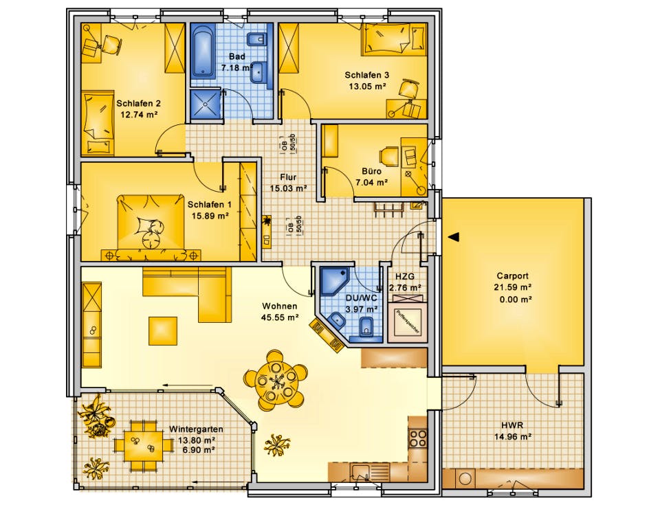 Fertighaus Planungsbeispiel 145H10 von Bio-Solar-Haus Schlüsselfertig ab 385978€, Bungalow Grundriss 1
