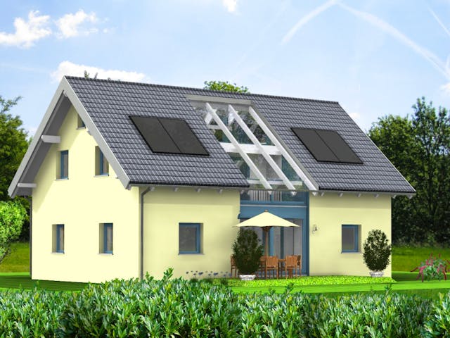 Fertighaus Planungsbeispiel 158H15 von Bio-Solar-Haus Schlüsselfertig ab 391699€, Satteldach-Klassiker Außenansicht 1