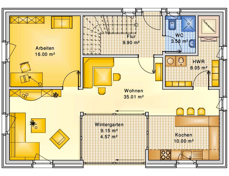 Fertighaus Planungsbeispiel 158H15 von Bio-Solar-Haus Schlüsselfertig ab 391699€, Satteldach-Klassiker Grundriss 1