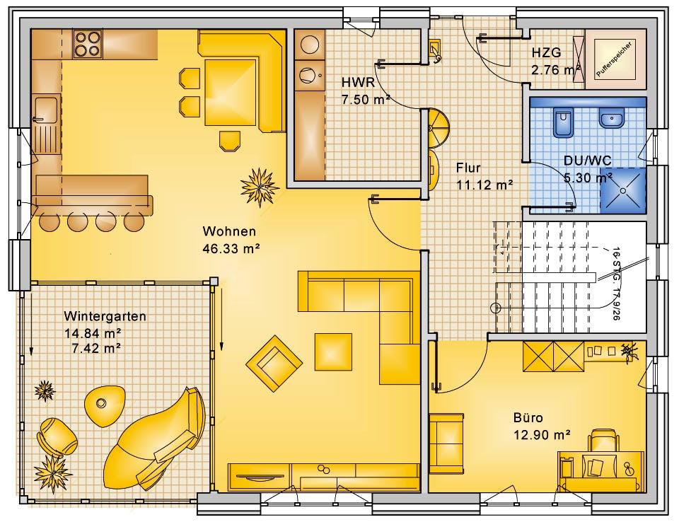 Fertighaus Planungsbeispiel 183H20 von Bio-Solar-Haus Schlüsselfertig ab 442075€, Satteldach-Klassiker Grundriss 1