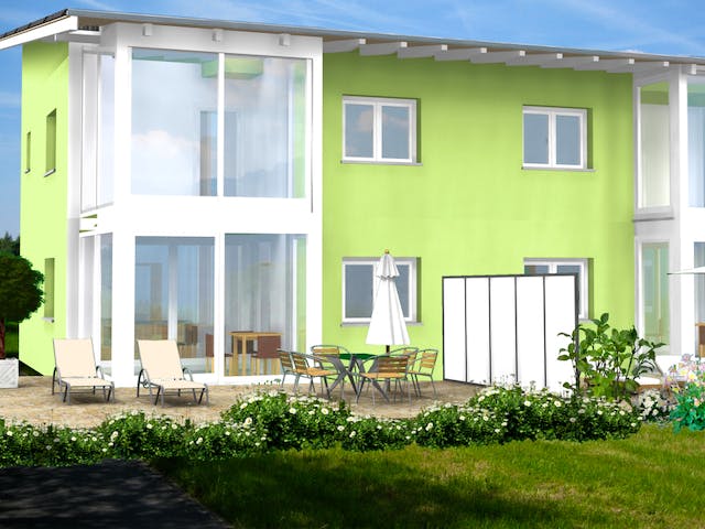 Fertighaus Planungsbeispiel 223DH20 von Bio-Solar-Haus Schlüsselfertig ab 593040€, Pultdachhaus Außenansicht 1