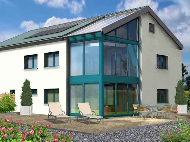 Fertighaus Planungsbeispiel 252H20 von Bio-Solar-Haus Schlüsselfertig ab 585711€, Satteldach-Klassiker Außenansicht 1
