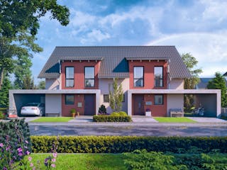 Fertighaus Doppelhaushälfte 38-238-125 von BoHolz Haus Schlüsselfertig ab 401441€, Satteldach-Klassiker Außenansicht 1