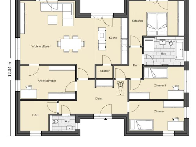 Massivhaus Bungalow 380 von BRALE Bau Schlüsselfertig ab 345450€, Bungalow Grundriss 1