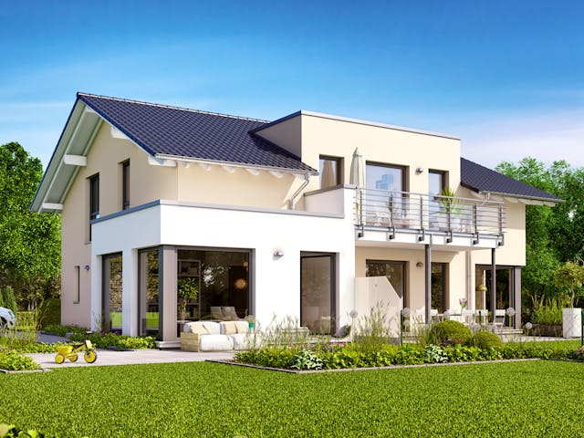 Fertighaus SOLUTION 230 V5 von Living Fertighaus Schlüsselfertig ab 655971€, Satteldach-Klassiker Außenansicht 1
