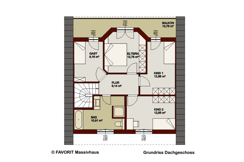 Massivhaus Alpenland 147 von FAVORIT Massivhaus Schlüsselfertig ab 342960€, Satteldach-Klassiker Grundriss 2