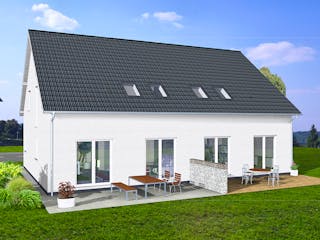 Massivhaus Duplex 118 von AMB Massivhaus, Satteldach-Klassiker Außenansicht 1