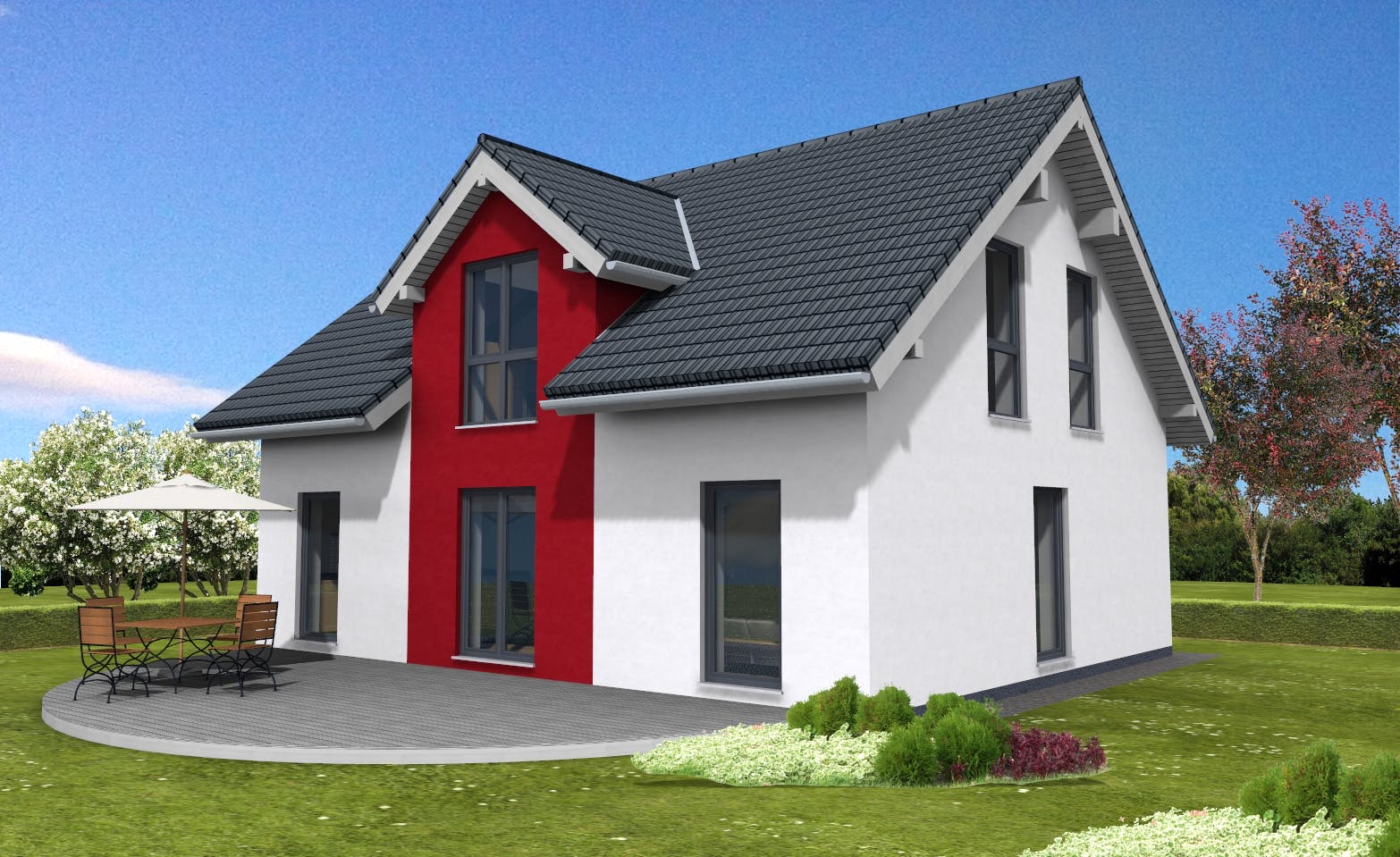 Fertighaus Ambiente 151 von Suckfüll Energiesparhaus Schlüsselfertig ab 358700€, Satteldach-Klassiker Außenansicht 1