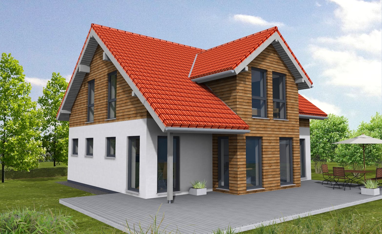 Fertighaus Ambiente 156 von Suckfüll Energiesparhaus Schlüsselfertig ab 382300€, Satteldach-Klassiker Außenansicht 1