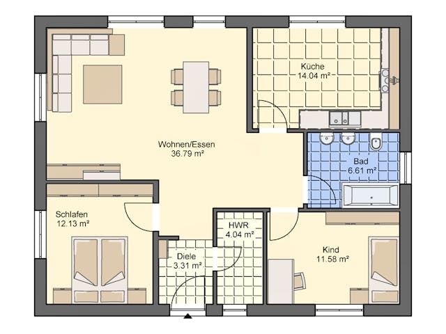 Massivhaus Bungalow 88 von ASL Wohnungsbau Schlüsselfertig ab 238495€, Bungalow Grundriss 1