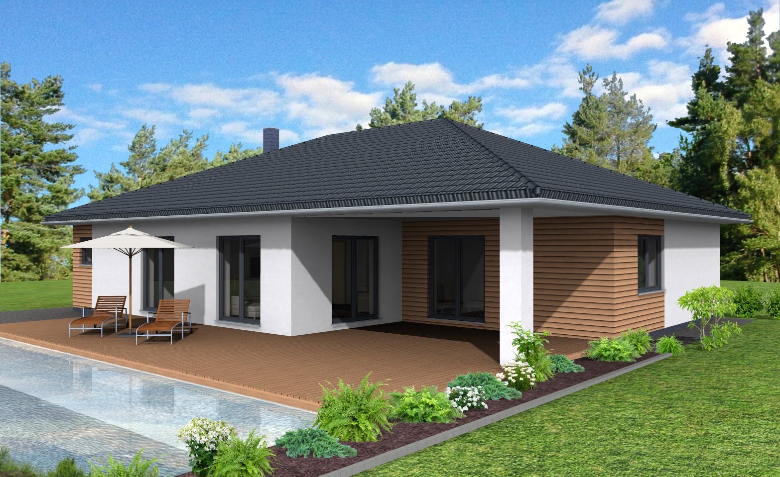 Fertighaus Bungalow 150 von Suckfüll Energiesparhaus Schlüsselfertig ab 419600€, Bungalow Außenansicht 1
