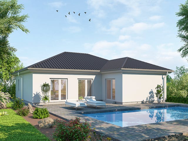 Massivhaus Bungalow BL 115 Basis von Baudirekt, Bungalow Außenansicht 1