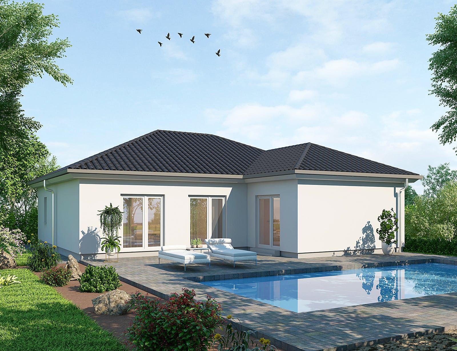 Massivhaus Bungalow BL 115 Basis von Baudirekt, Bungalow Außenansicht 1
