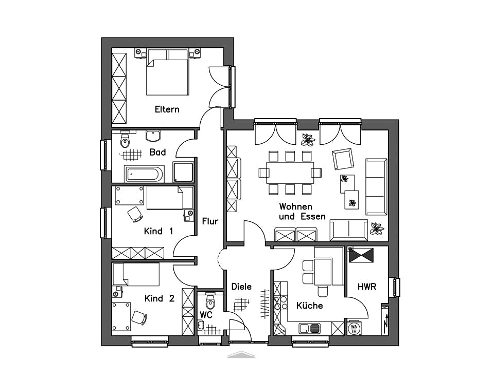 Massivhaus Bungalow BL 115 Basis von Baudirekt, Bungalow Grundriss 1