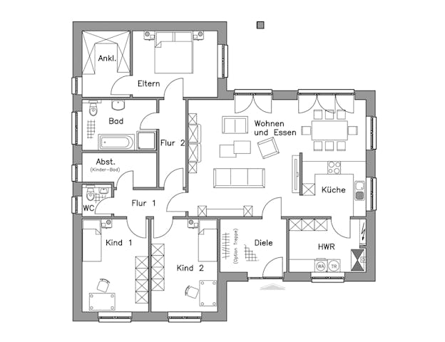 Winkelbungalow T-Form Grundriss von Baudirekt