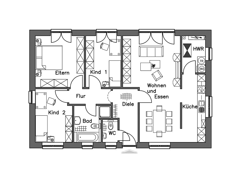 Massivhaus Bungalow BL 95 Basis von Baudirekt, Bungalow Grundriss 1