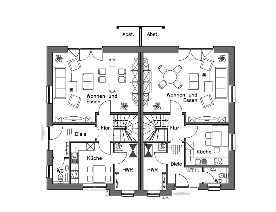Massivhaus Doppelhaus DH 120 Basis von Baudirekt,  Grundriss 1