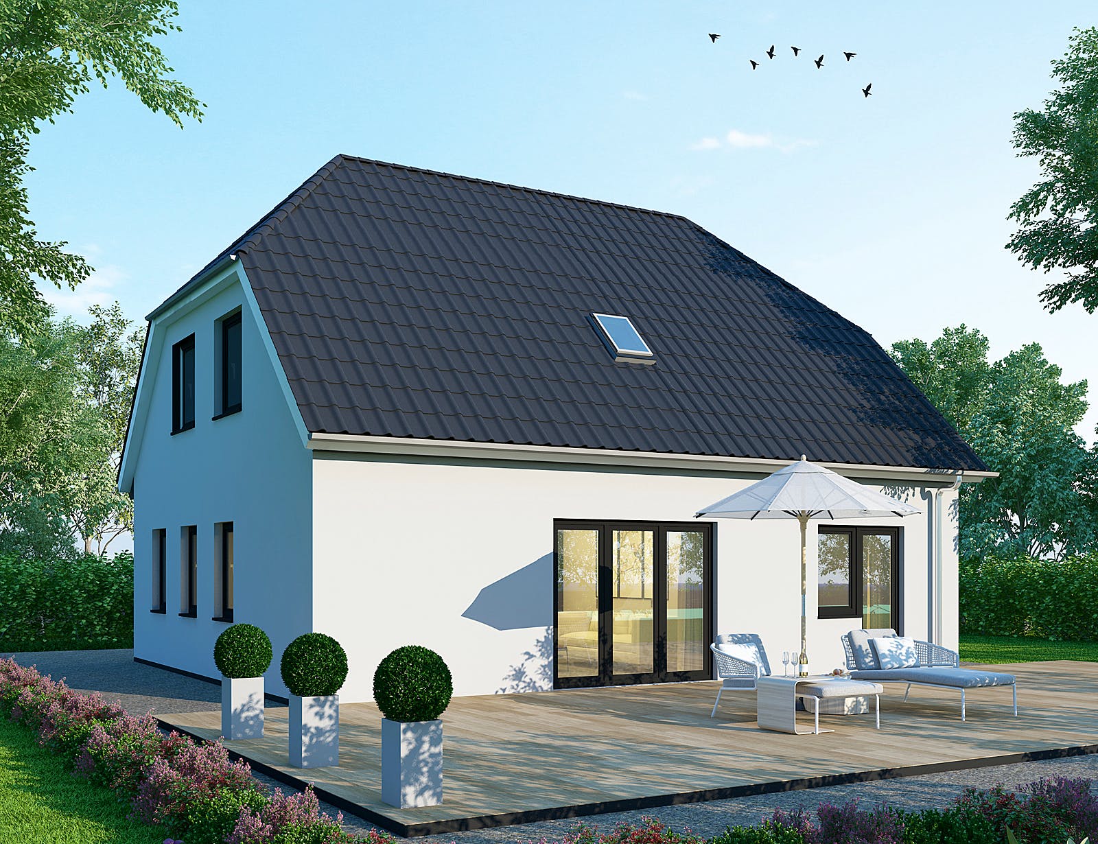 Massivhaus Einfamilienhaus EH140 Basis von Baudirekt, Satteldach-Klassiker Außenansicht 1