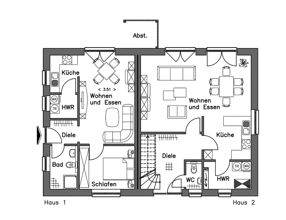 Massivhaus Zweifamilienhaus ZH200 Basis von Baudirekt, Satteldach-Klassiker Grundriss 1