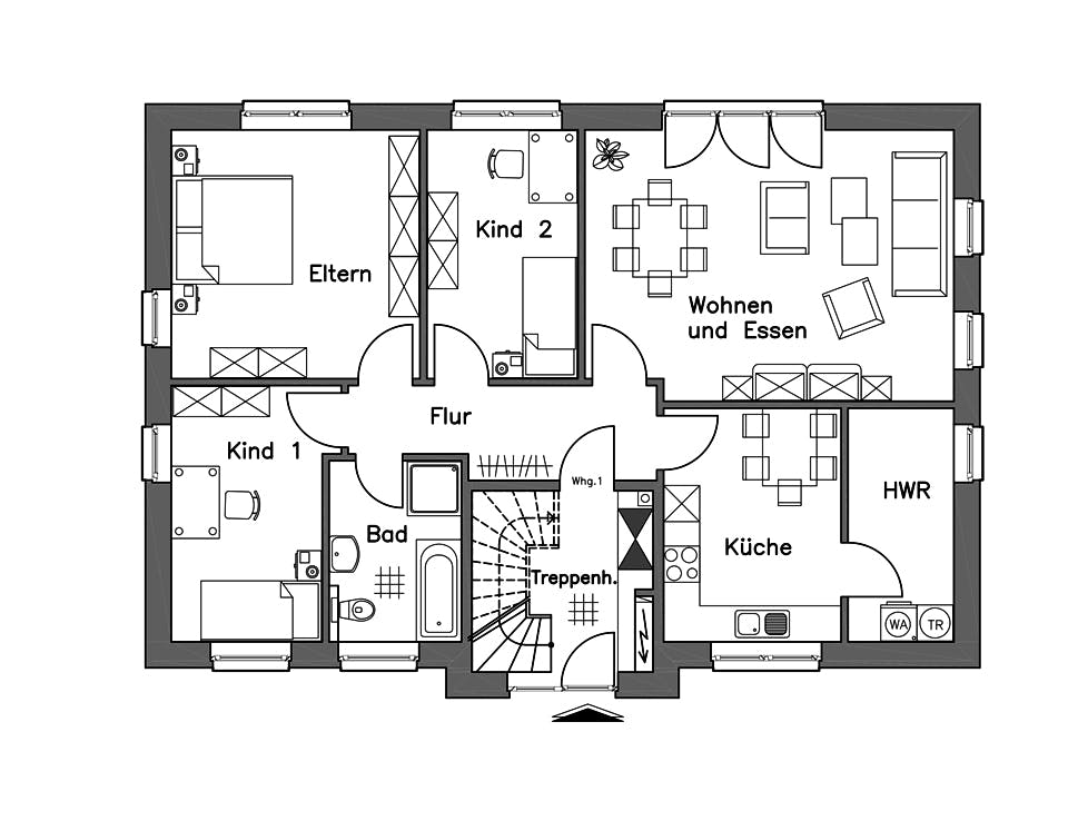 Massivhaus Zweifamilienhaus ZH210 Basis von Baudirekt, Satteldach-Klassiker Grundriss 1