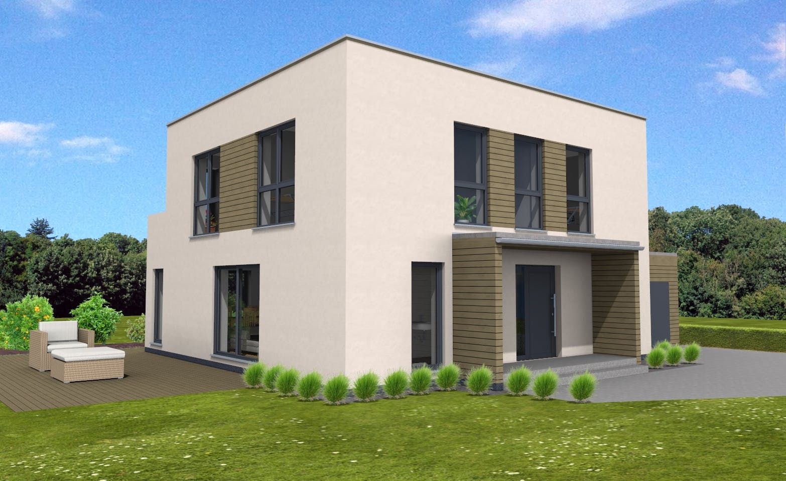 Fertighaus Bauhaus 160 inkl. Eingangsüberdachung von Suckfüll Energiesparhaus Schlüsselfertig ab 431000€, Außenansicht 1