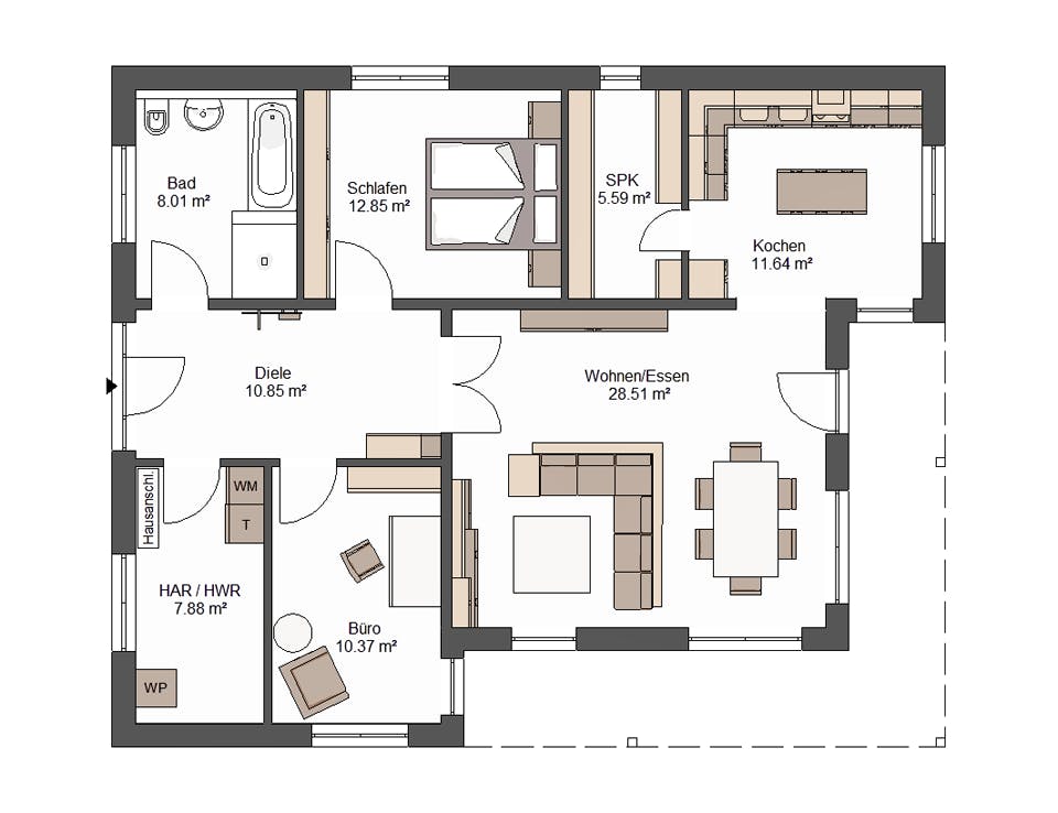 Massivhaus Terra von Bischoff Massivhaus Schlüsselfertig ab 265500€, Bungalow Grundriss 1