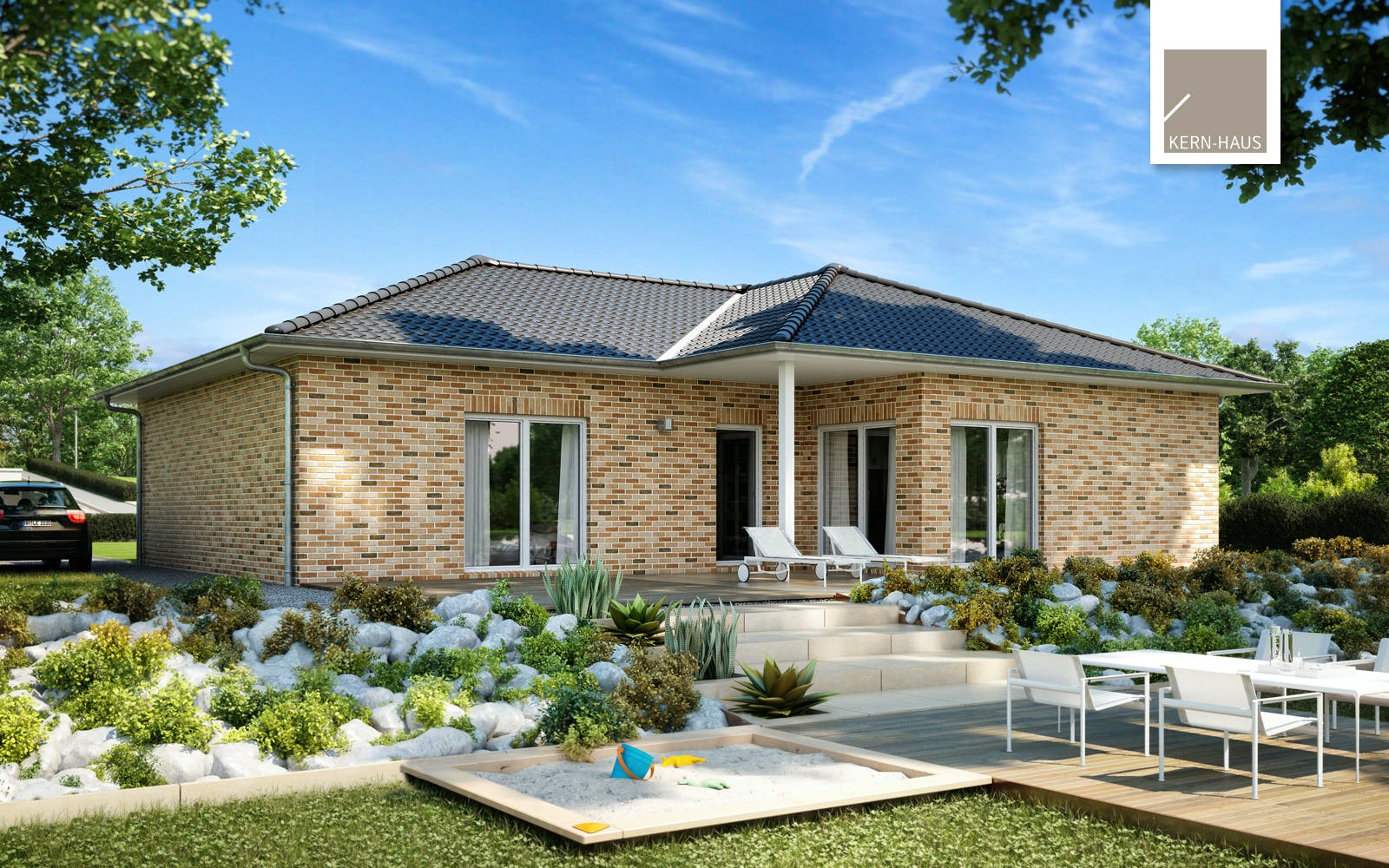 Massivhaus Bungalow Balance Klinker von Kern-Haus Schlüsselfertig ab 412900€, Bungalow Außenansicht 1