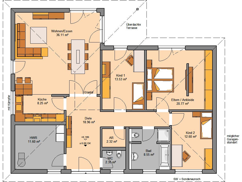 Massivhaus Bungalow Balance Klinker von Kern-Haus Schlüsselfertig ab 412900€, Bungalow Grundriss 1