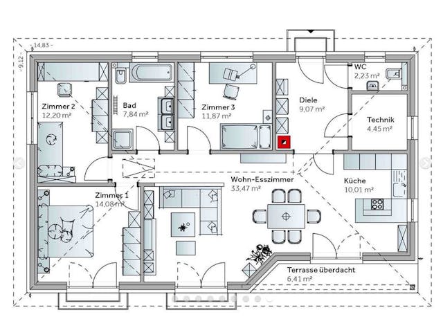 120 qm Bungalow Grundriss mit 4 Zimmern von Vario-Haus