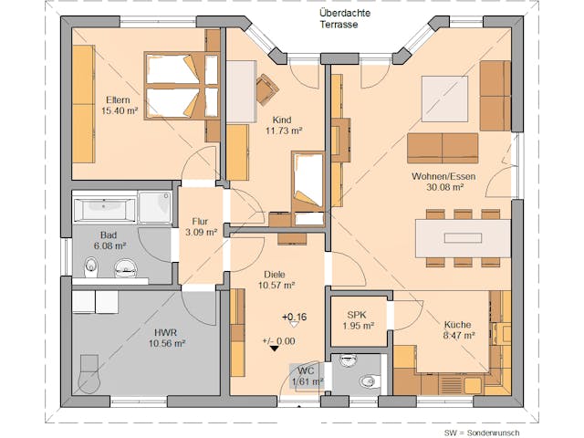 Massivhaus Bungalow Flair von Kern-Haus Schlüsselfertig ab 322900€, Bungalow Grundriss 1