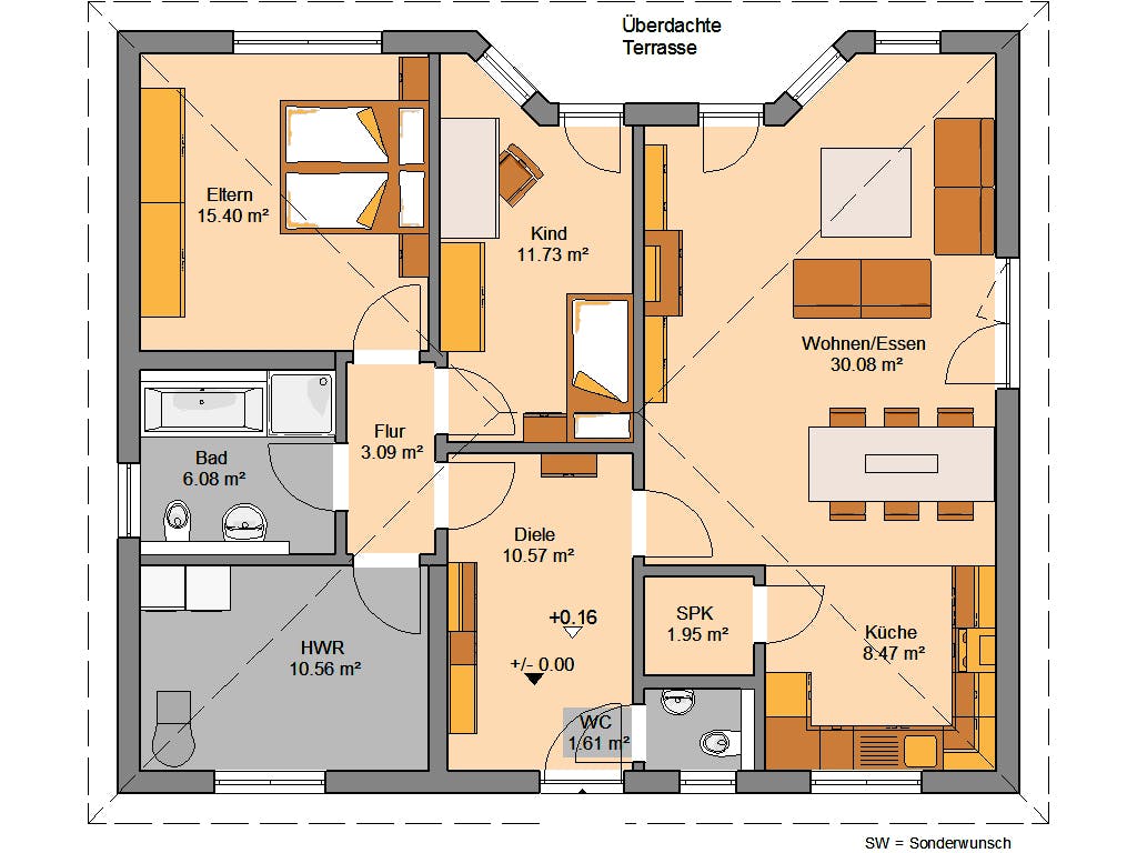 Massivhaus Bungalow Flair von Kern-Haus Schlüsselfertig ab 316900€, Bungalow Grundriss 1