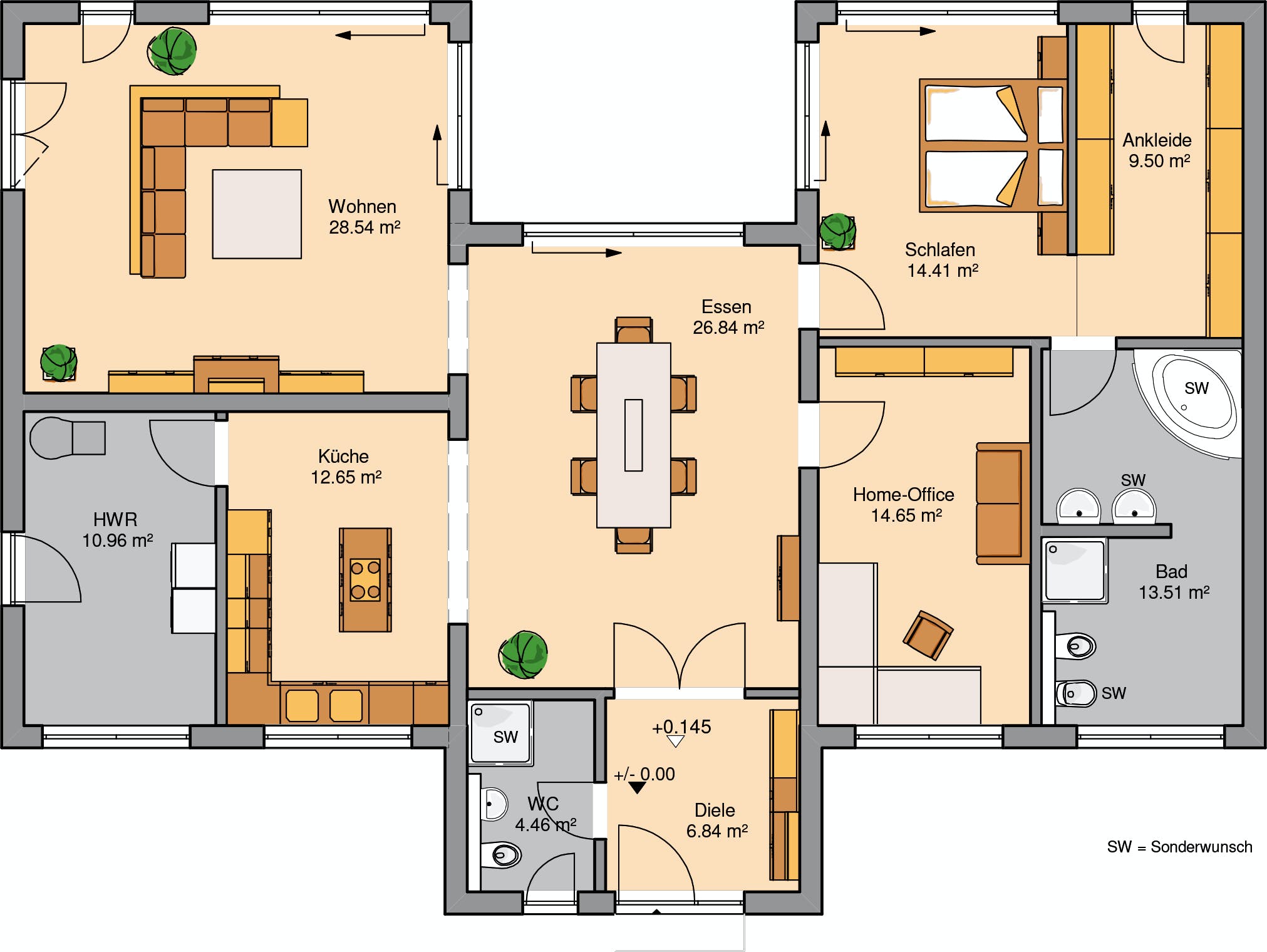 Massivhaus Bungalow Fokus von Kern-Haus Schlüsselfertig ab 495900€, Bungalow Grundriss 1
