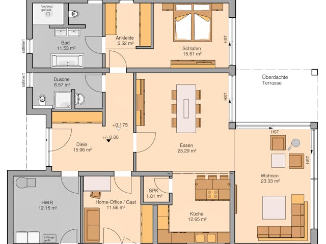Massivhaus Bungalow Select von Kern-Haus Schlüsselfertig ab 473900€, Bungalow Grundriss 1