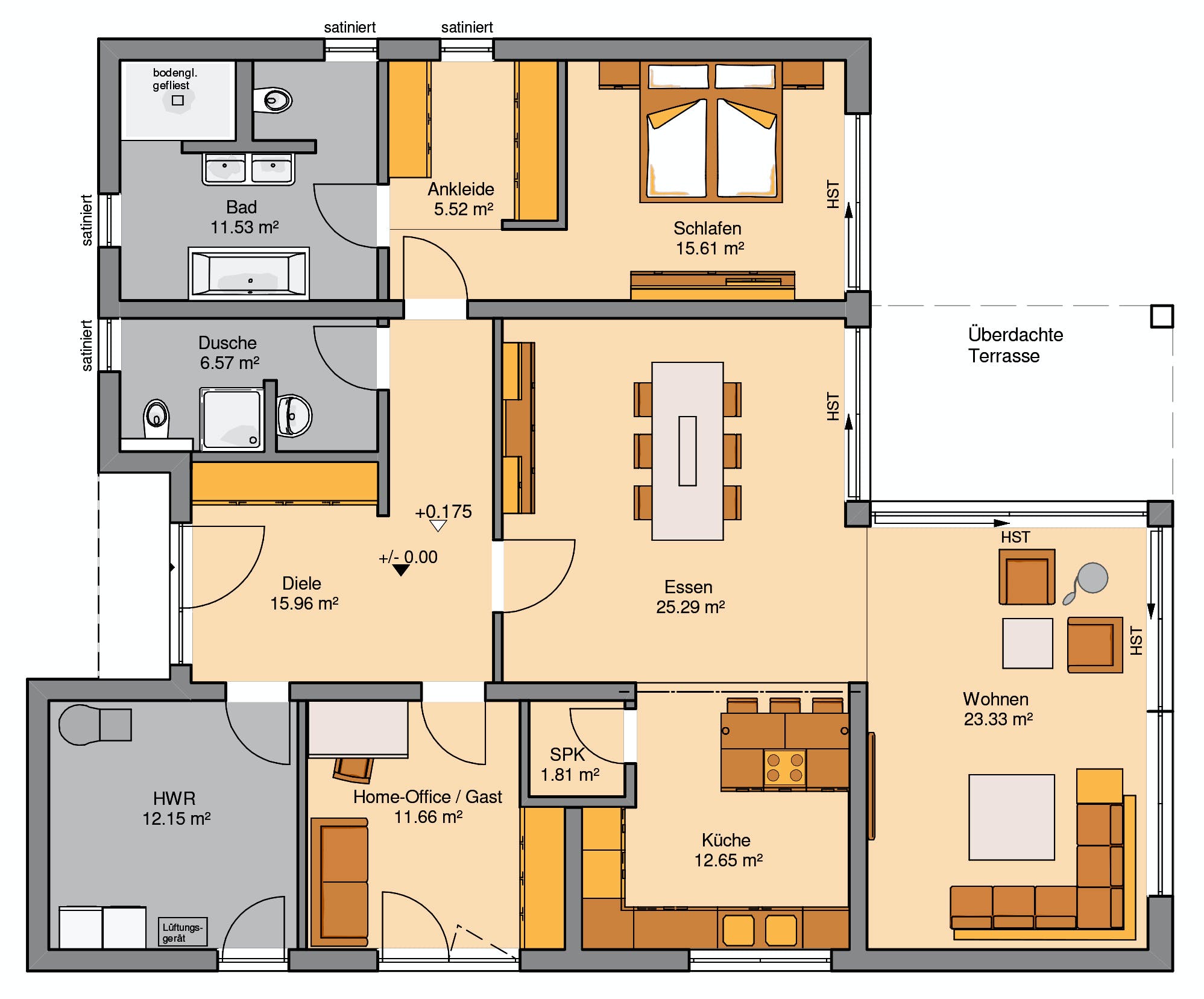 Massivhaus Bungalow Select von Kern-Haus Schlüsselfertig ab 464900€, Bungalow Grundriss 1