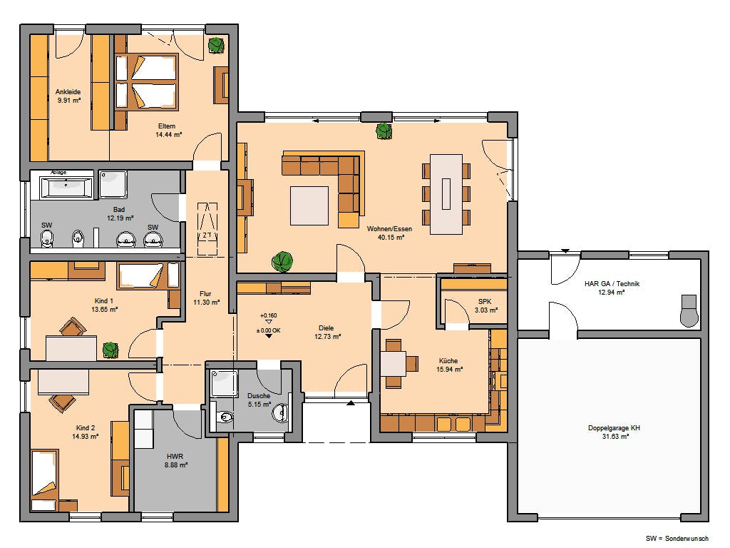 Massivhaus Bungalow Trio von Kern-Haus Schlüsselfertig ab 578900€, Bungalow Grundriss 1