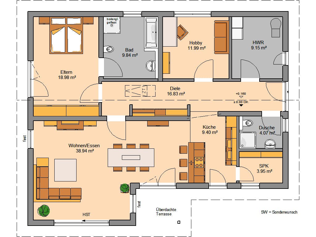 Massivhaus Bungalow Vita Pult von Kern-Haus Schlüsselfertig ab 394900€, Bungalow Grundriss 1