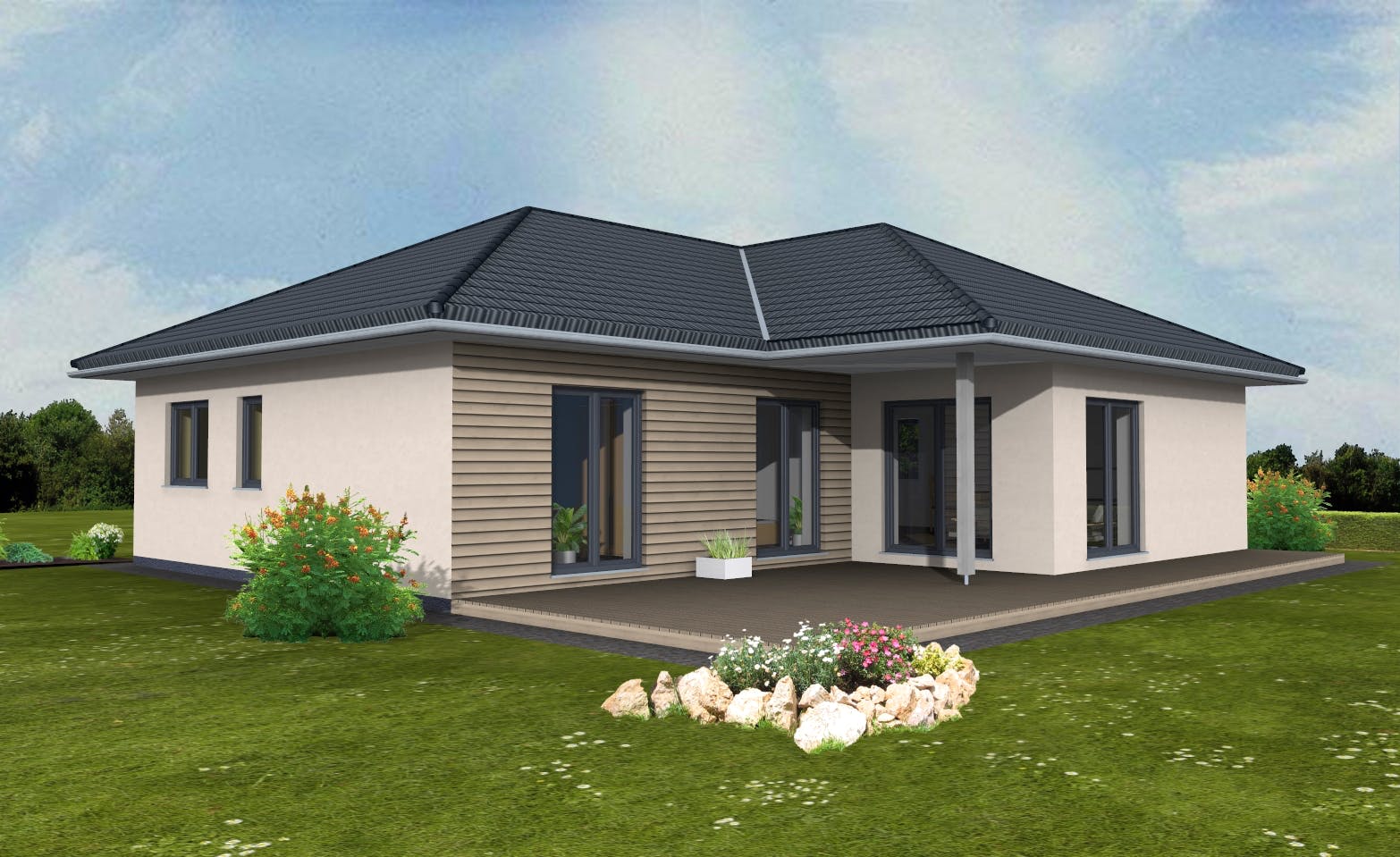Fertighaus Bungalow 113 von Suckfüll Energiesparhaus Schlüsselfertig ab 324350€, Bungalow Außenansicht 1