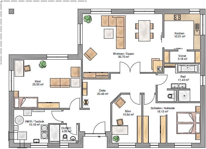 Fertighaus Bungalow 150 von Suckfüll Energiesparhaus Schlüsselfertig ab 419600€, Bungalow Grundriss 1