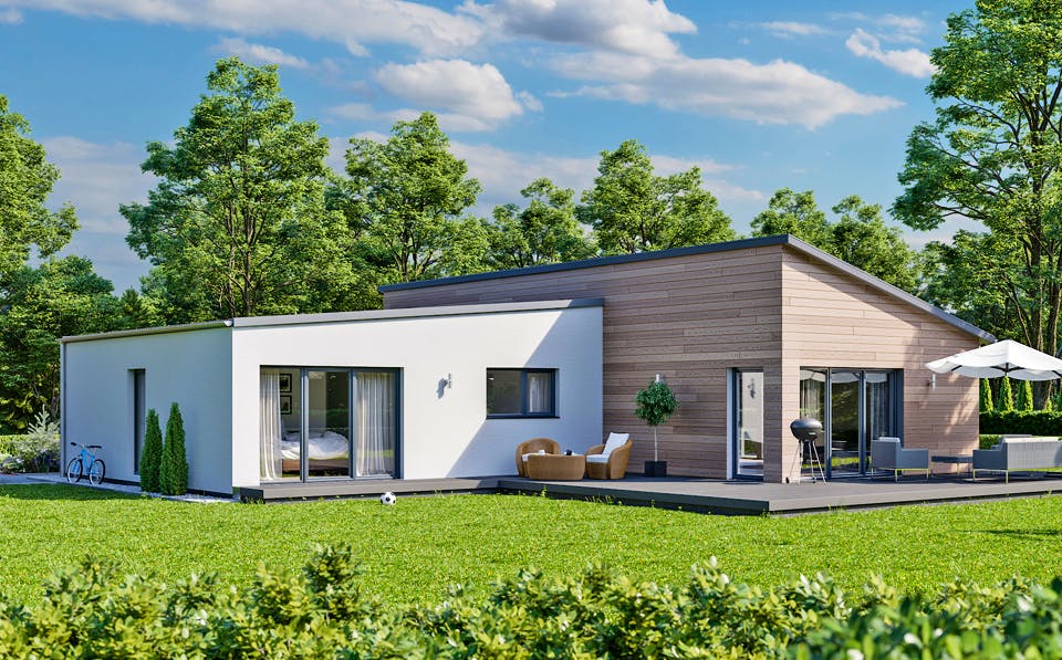 Fertighaus Lessingstraße 128 - Pultdach von bauen.WIEWIR Schlüsselfertig ab 309700€, Bungalow Außenansicht 1