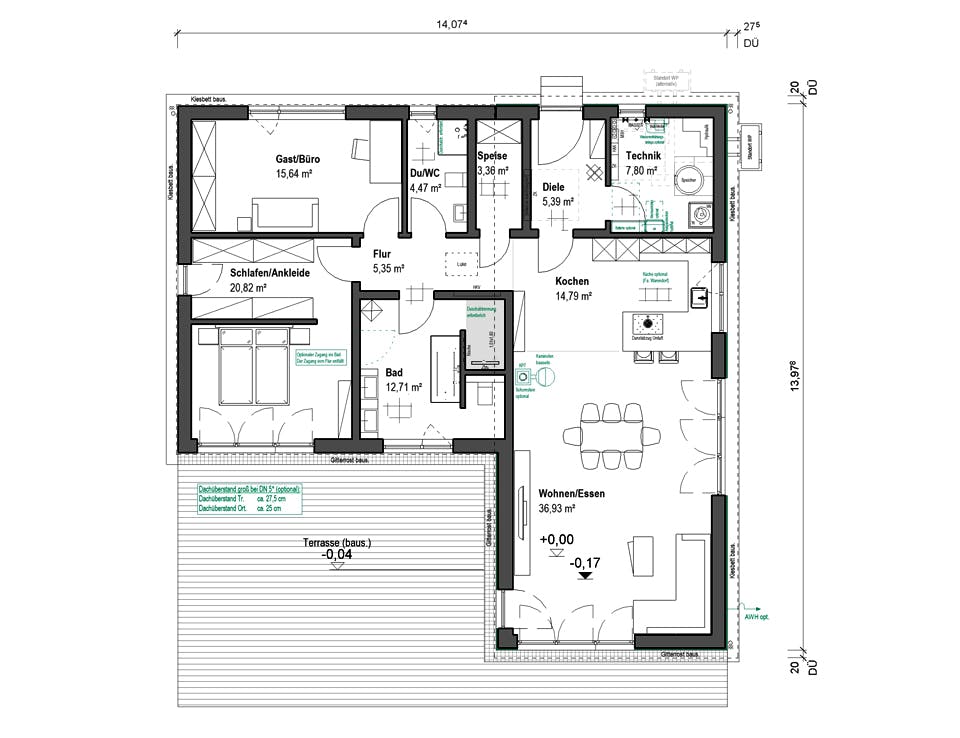Fertighaus Lessingstraße 128 - Pultdach von bauen.WIEWIR Schlüsselfertig ab 309700€, Bungalow Grundriss 1