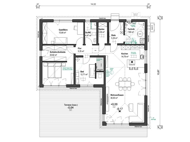 Fertighaus Lessingstraße 128 - Walmdach von bauen.WIEWIR Schlüsselfertig ab 285700€, Bungalow Grundriss 1