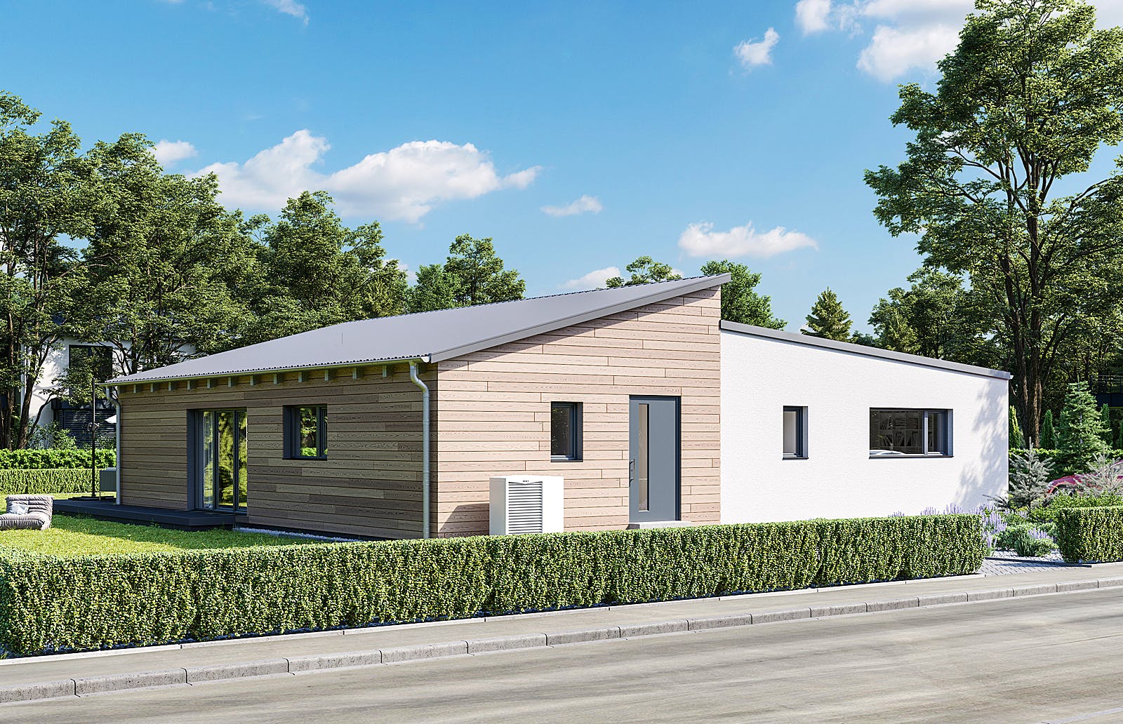 Fertighaus Lessingstraße 128 - Pultdach von bauen.WIEWIR Schlüsselfertig ab 309700€, Bungalow Außenansicht 2