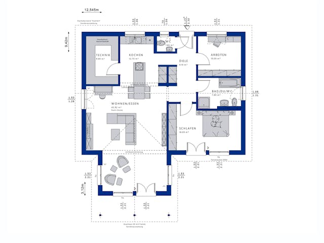 Fertighaus AMBIENCE 100 V2 von Bien-Zenker Schlüsselfertig ab 343389€, Bungalow Grundriss 1