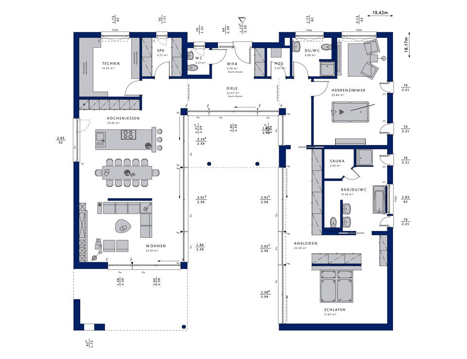 Fertighaus AMBIENCE 209 FD von Bien-Zenker Schlüsselfertig ab 1055066€, Bungalow Grundriss 1